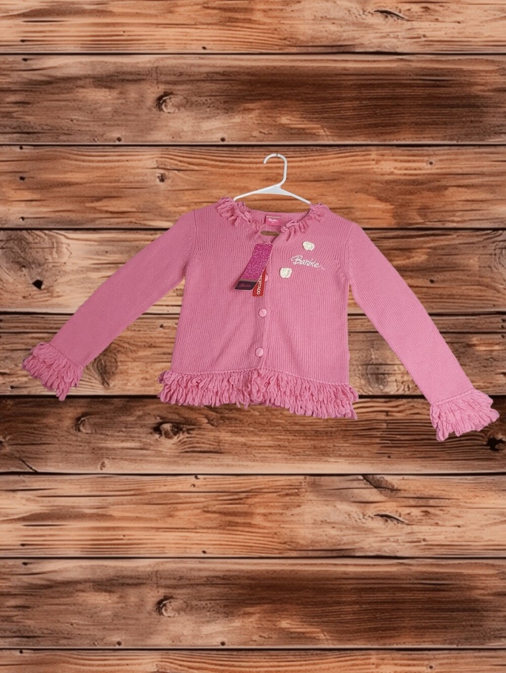 Vintage NWT Barbie Pink Cardigan Sweater with Fringe Detail